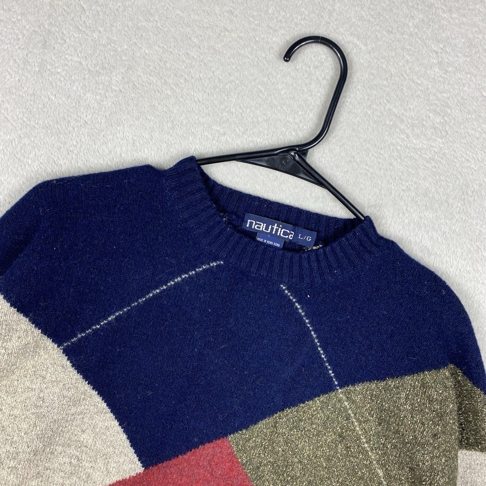 Vintage Nautica‎ Wool Silk Blend Argyle Sweater Men's L Color Block 90s Academia